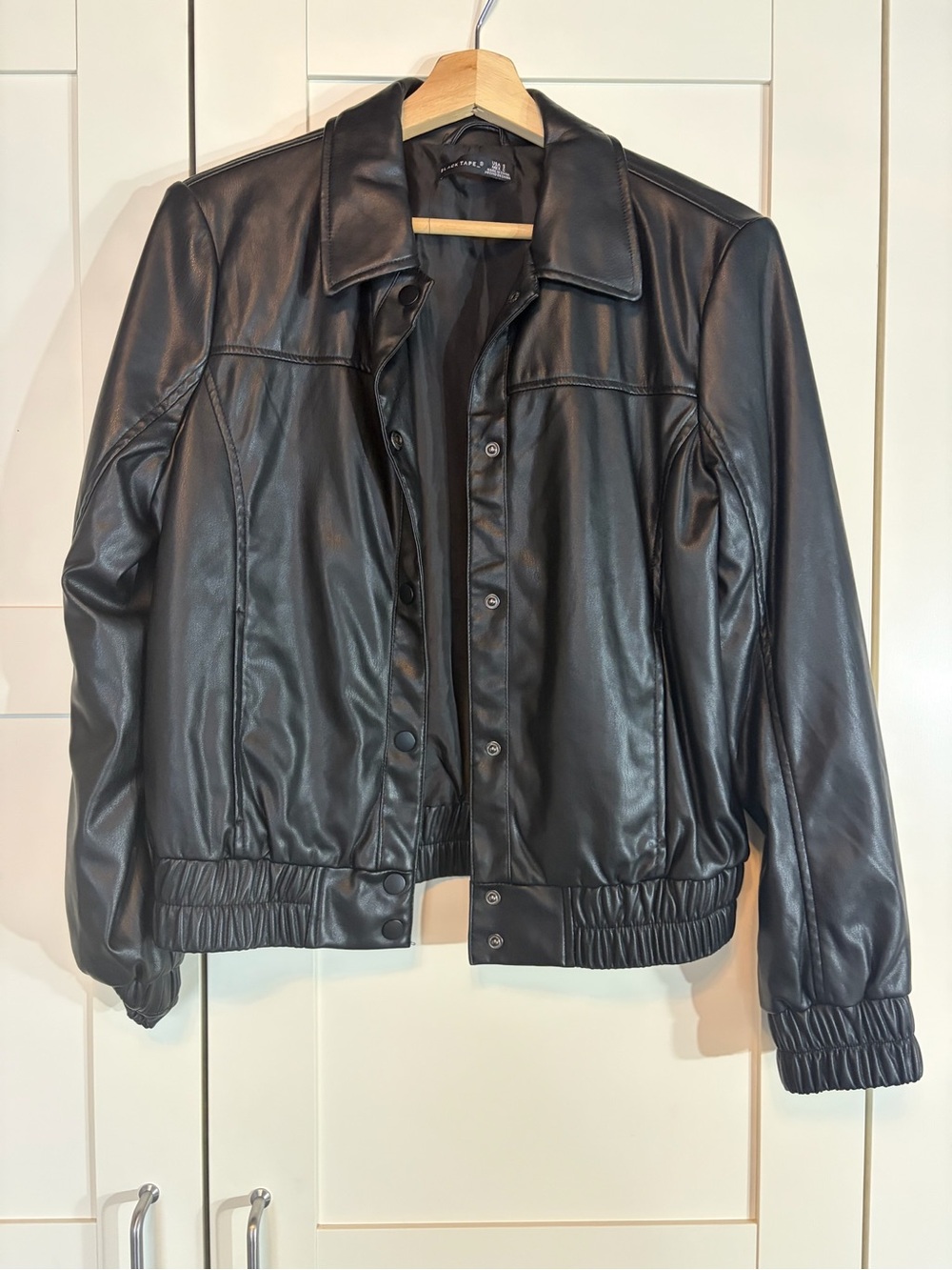Black Tape_ Black Faux Leather Snap-Front Jacket W